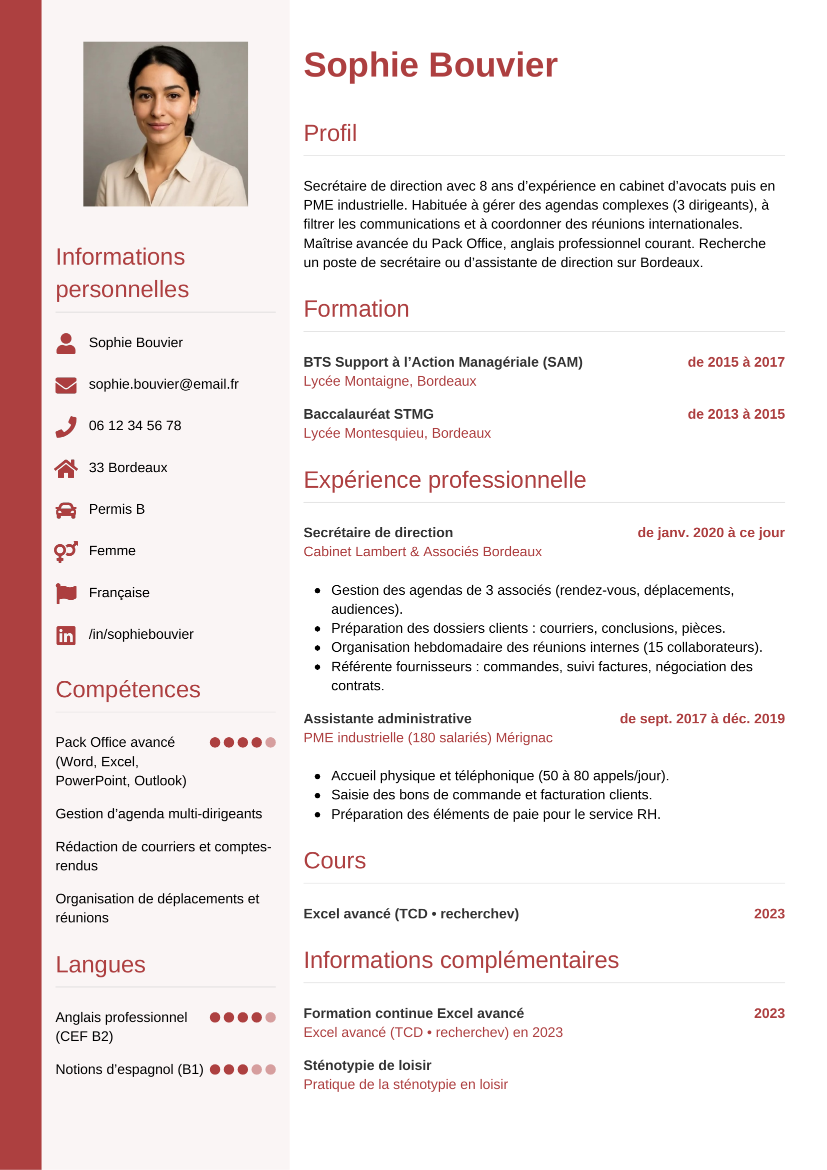 CV secrétaire — modèle vertical