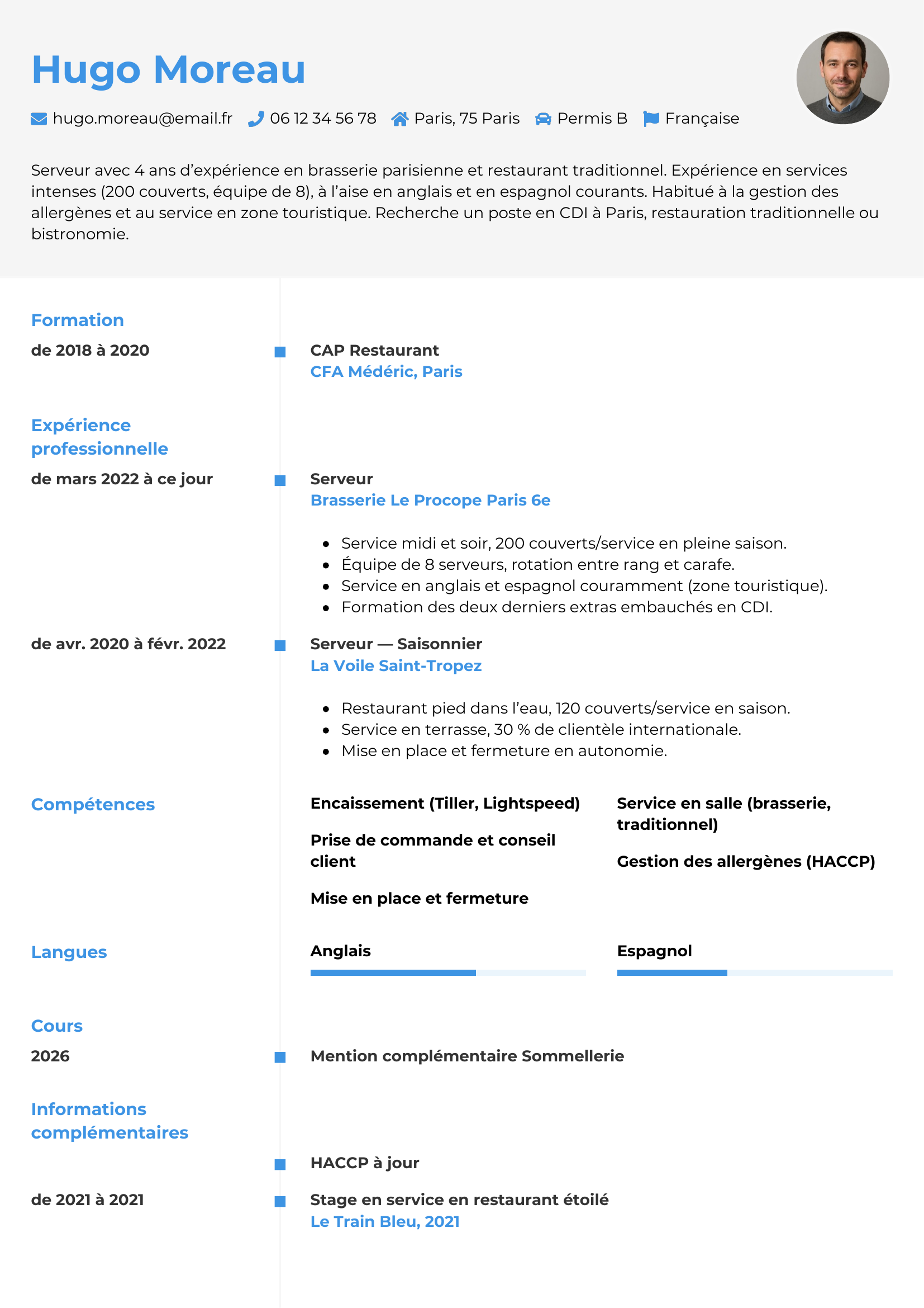 Modèle Chrono — exemple de CV Serveur