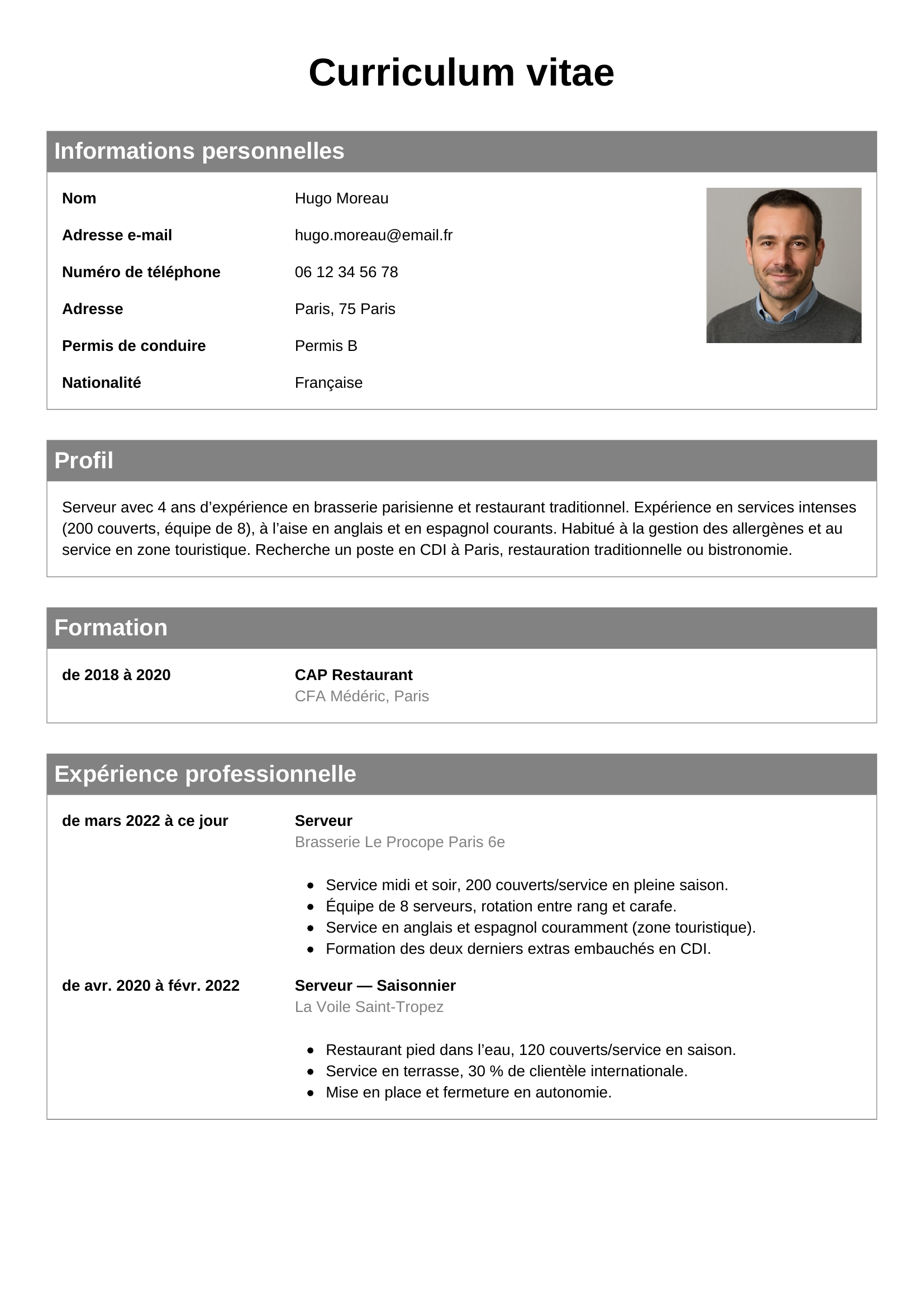 Modèle Classique — exemple de CV Serveur