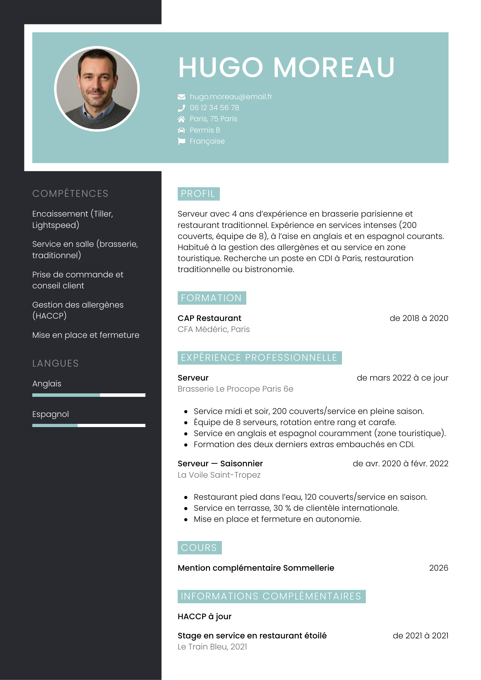 Modèle Élégant — exemple de CV Serveur