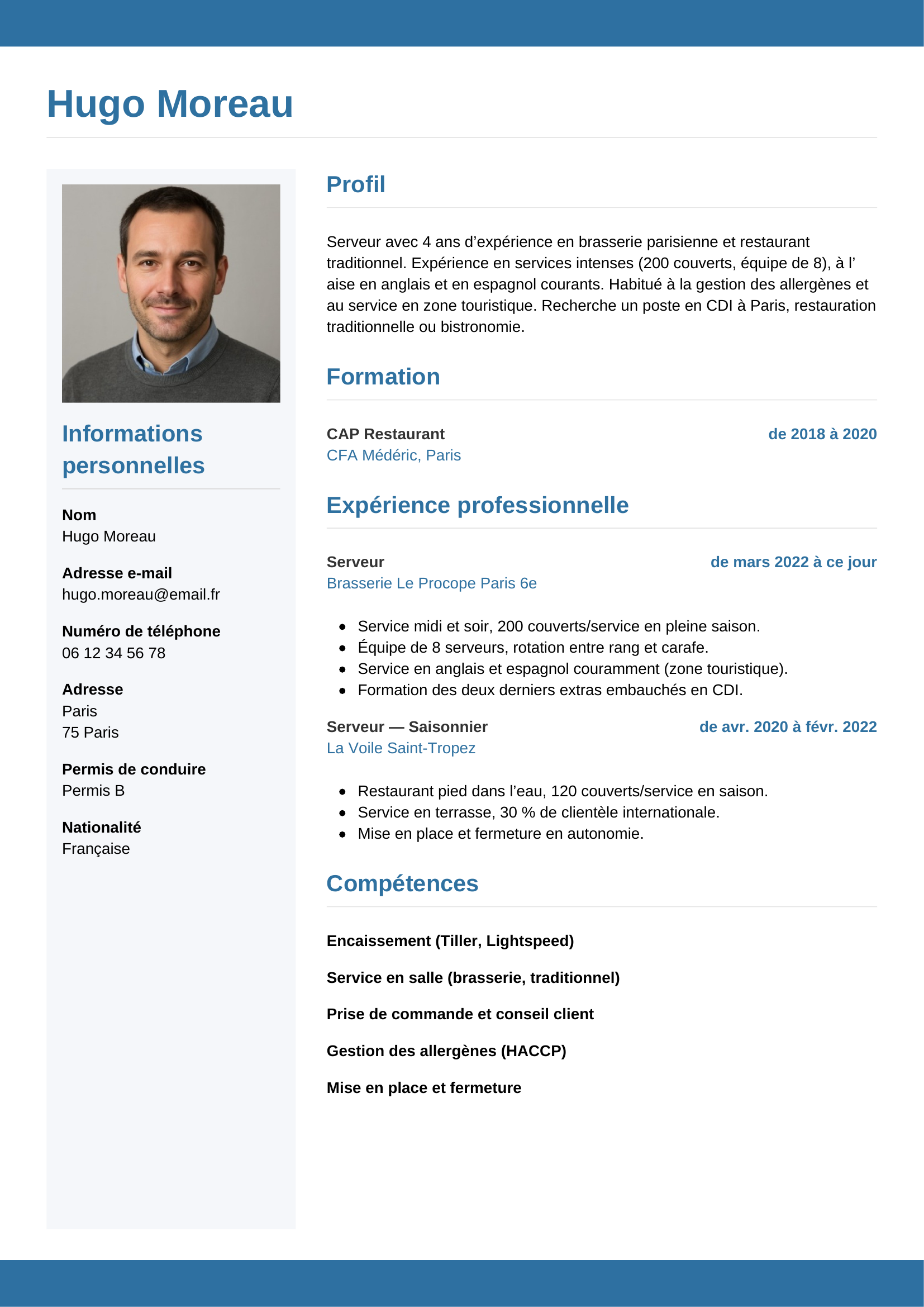 Modèle Horizontal — exemple de CV Serveur