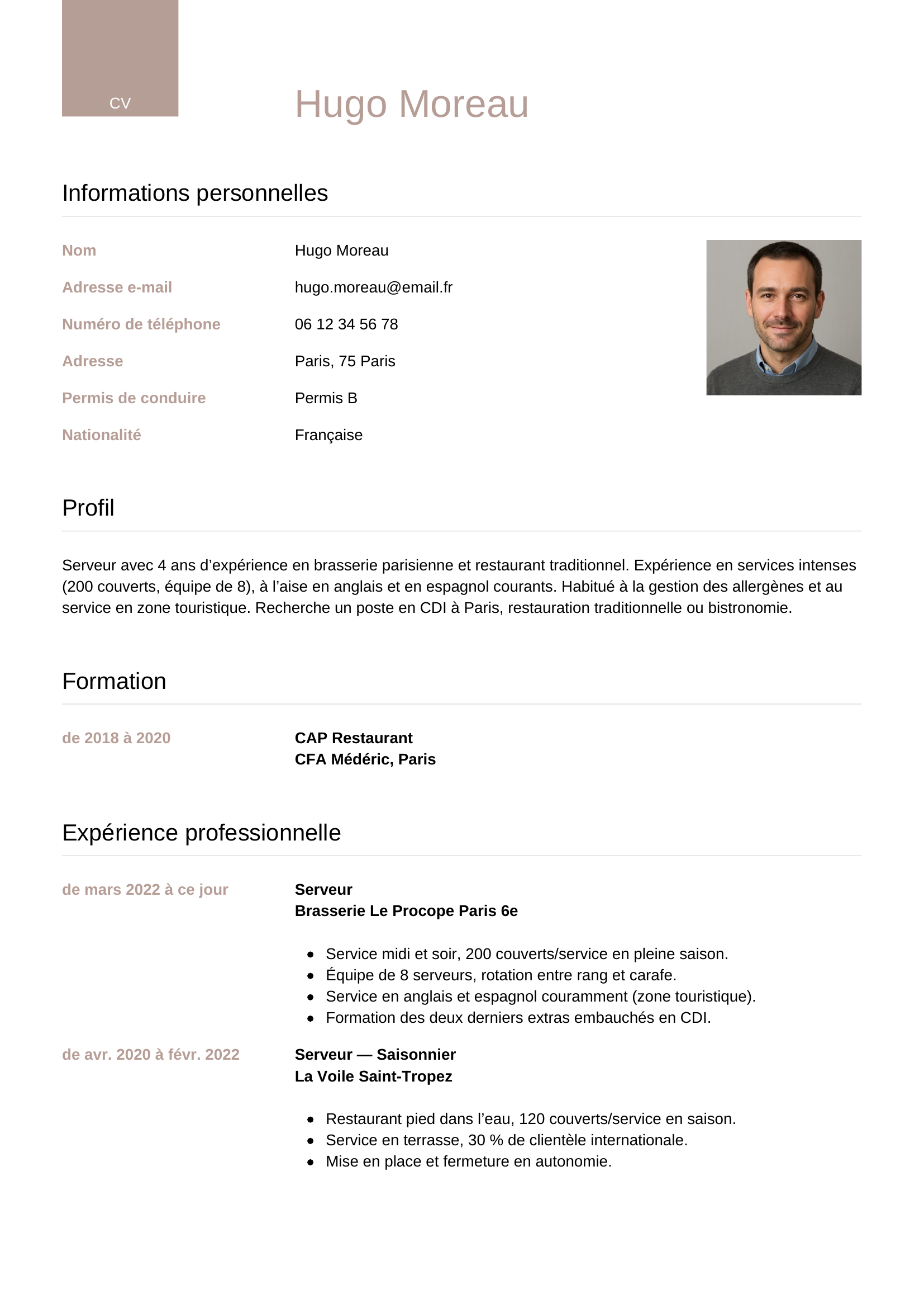 Modèle Luxe — exemple de CV Serveur