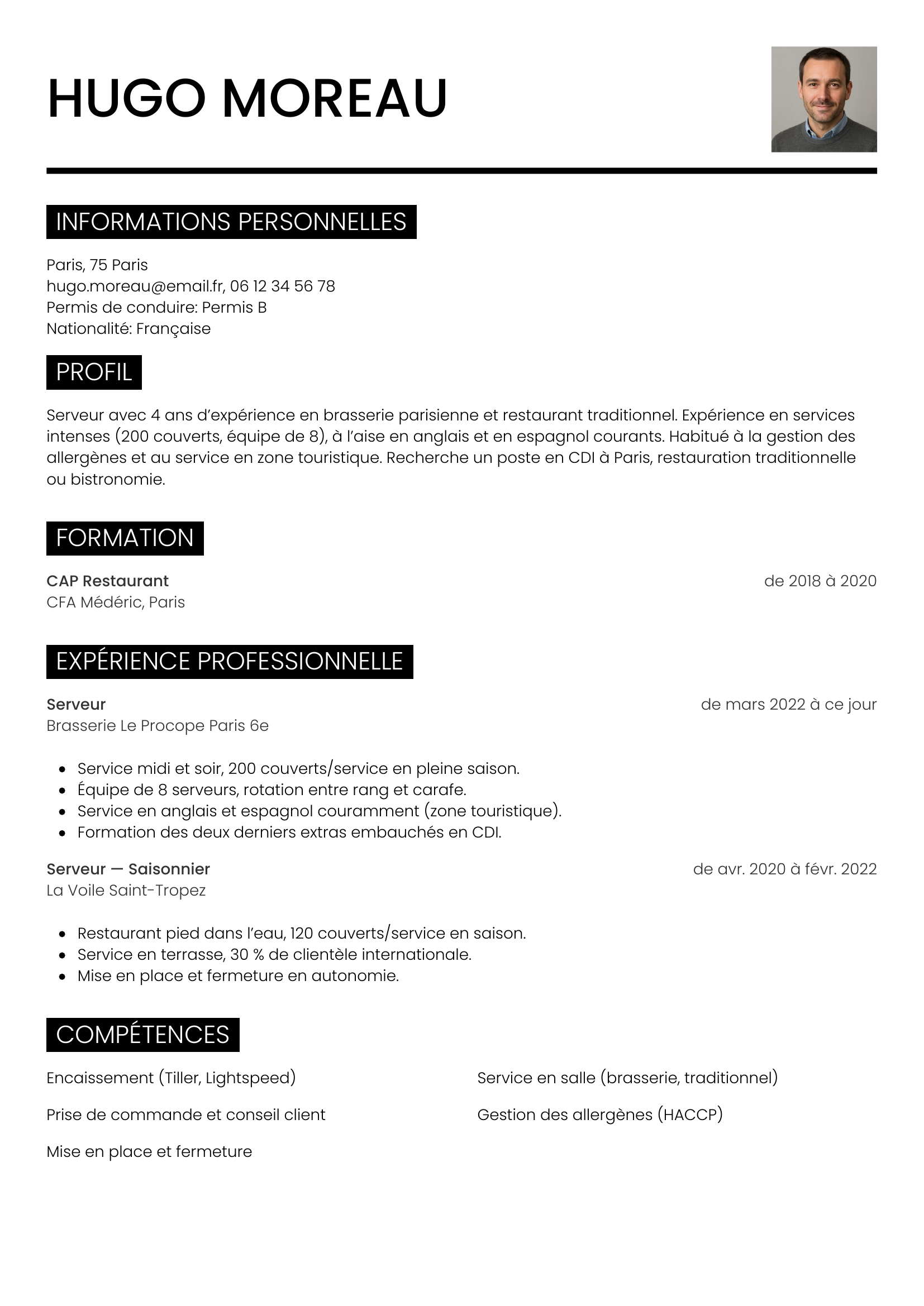 Modèle Métro — exemple de CV Serveur