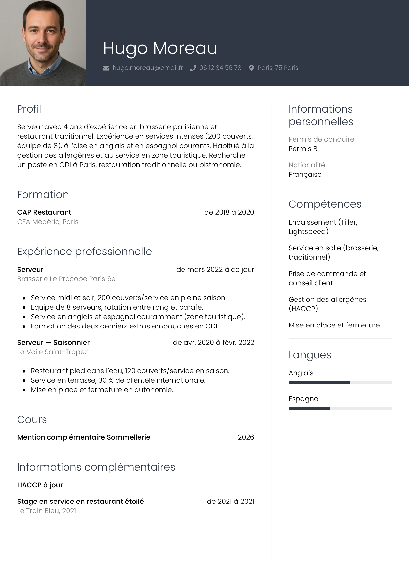Modèle Professionnel — exemple de CV Serveur