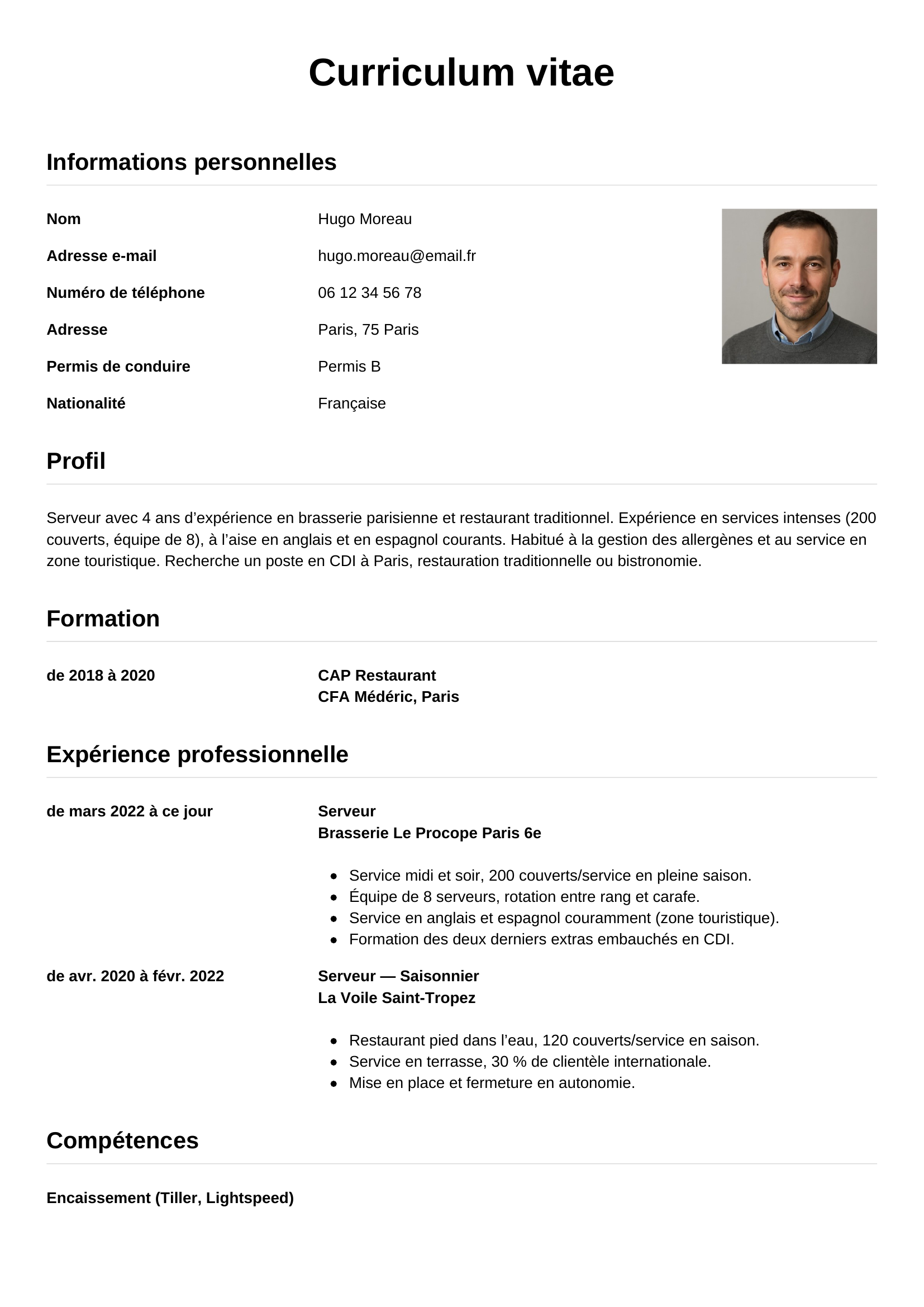 Modèle Simple — exemple de CV Serveur