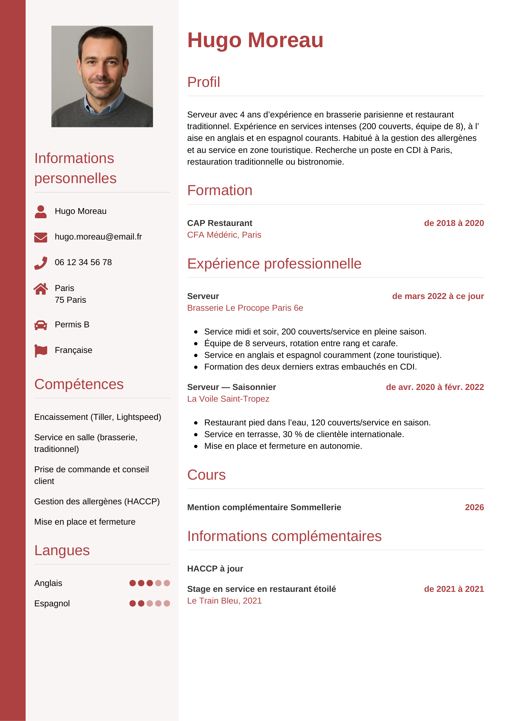 Modèle Vertical — exemple de CV Serveur