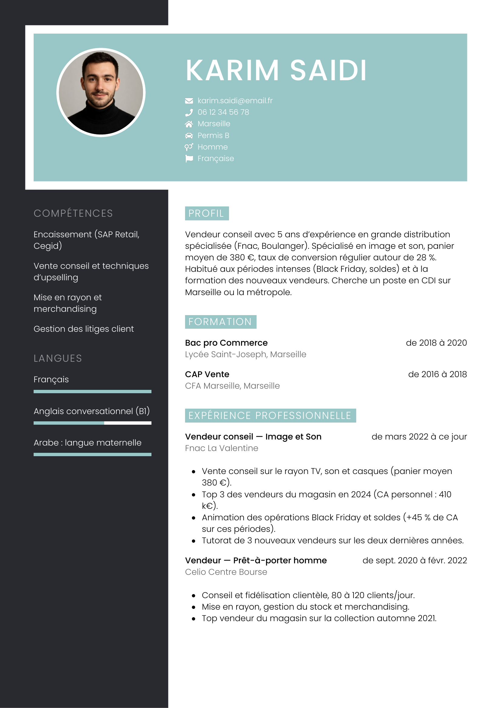 Modèle Élégant — exemple de CV Vendeur