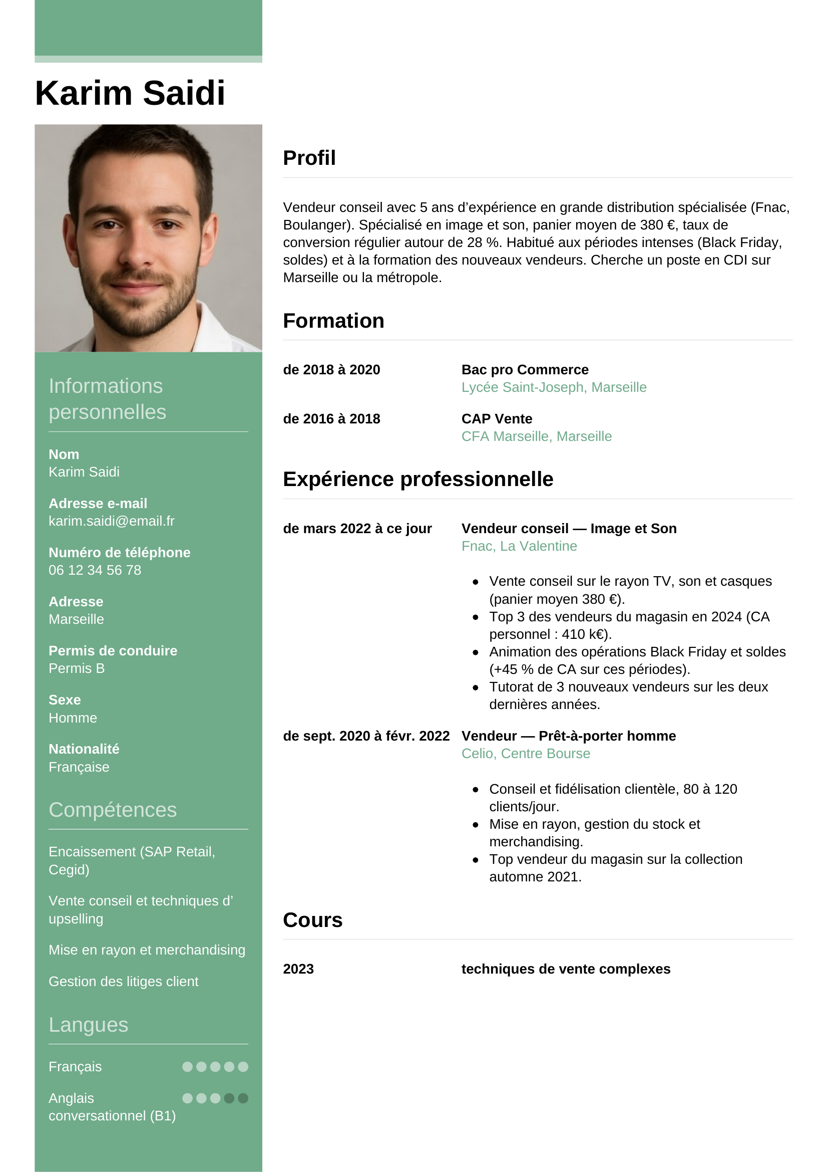 Modèle Informel — exemple de CV Vendeur