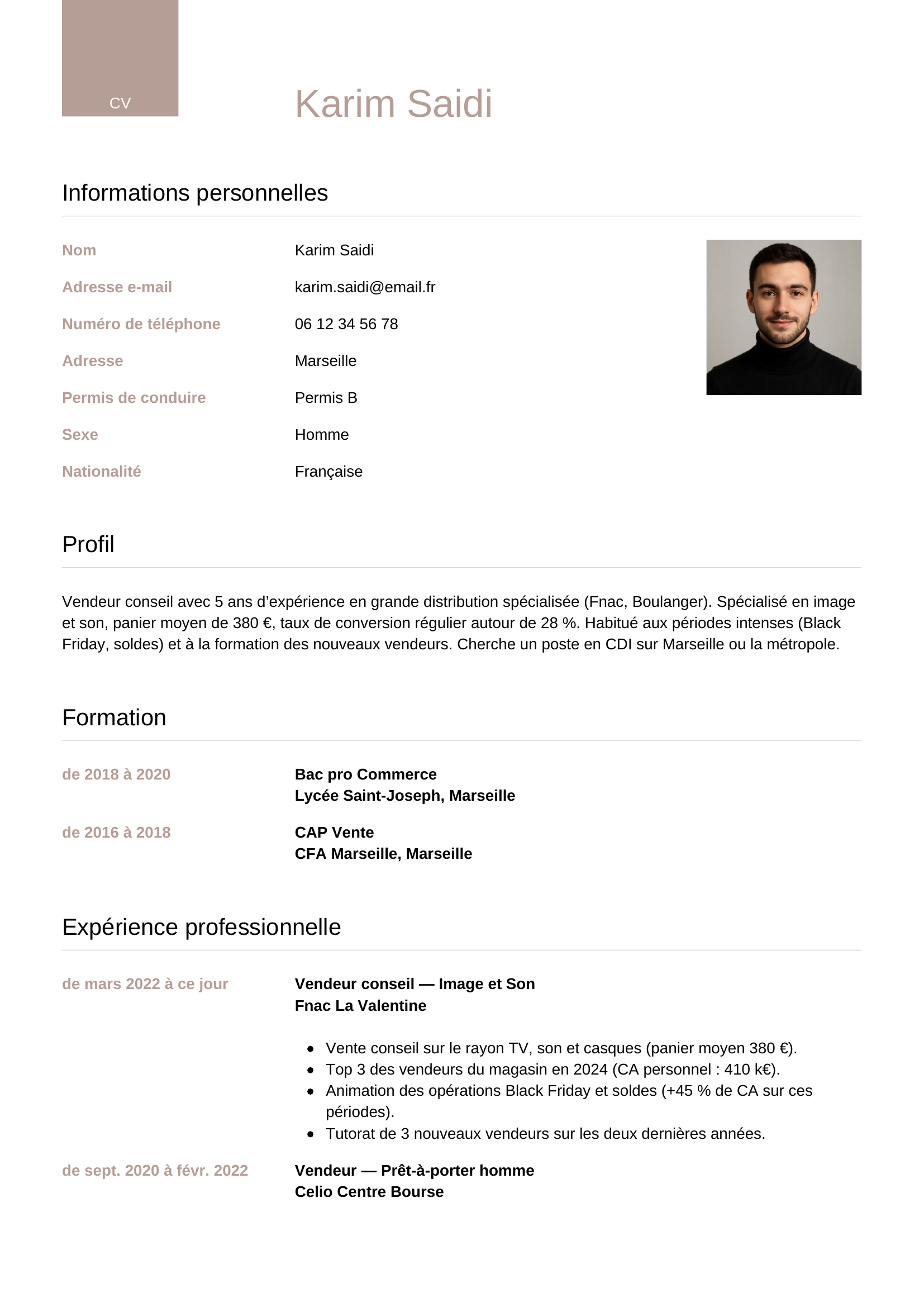 CV vendeur — modèle luxe