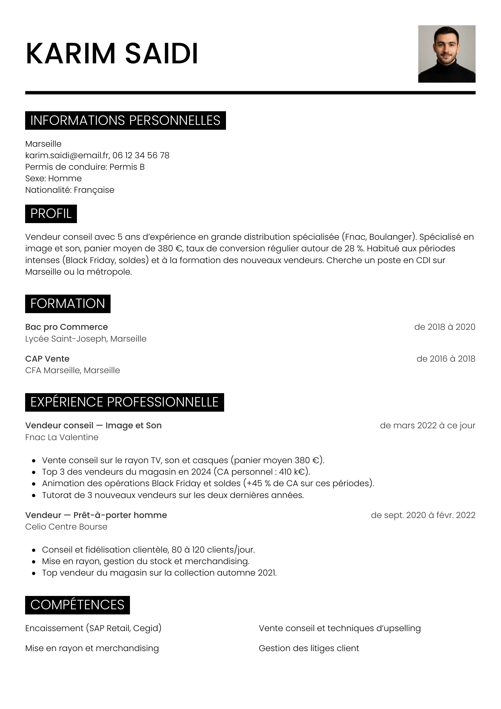 CV vendeur — modèle métro