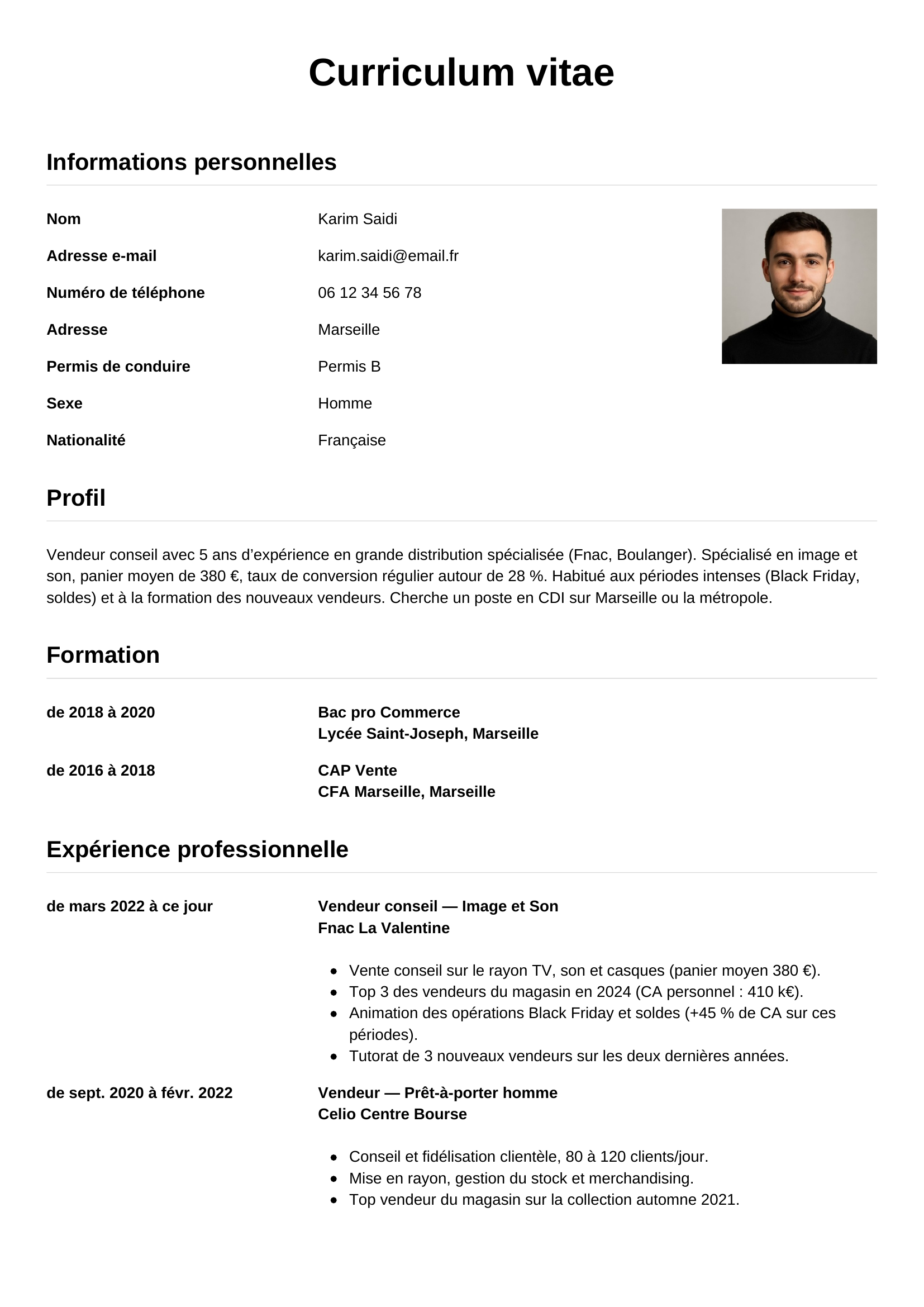 CV vendeur — modèle simple